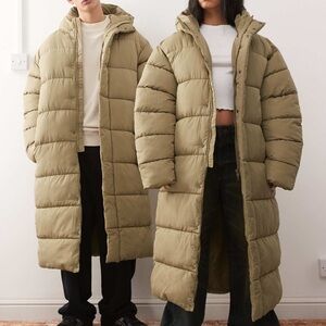 Long Quilted Hooded Puffer Coat - Nude/Beige